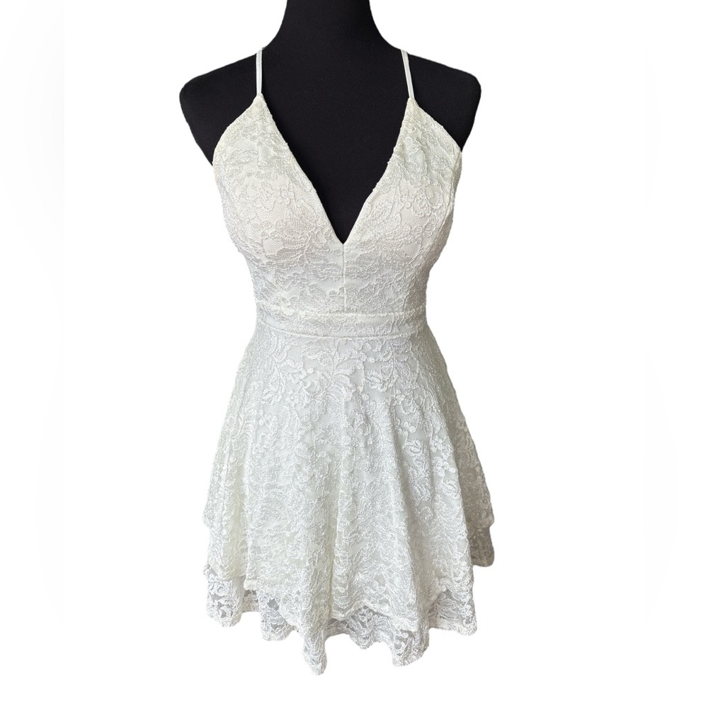 Juniors Emerald Sundae Ivory Lace Racer Back Skater Dress,Size Small, Homecoming